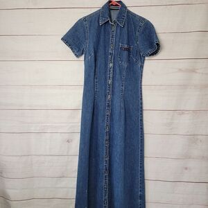 Vintage Y2K DKNY Blue Denim Button Up Maxi Dress Size Small 2000s Short Sleeve